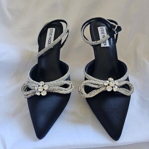 Steve Madden Viable Black Satin Strappy Stiletto with Rhinestones. Size 7.5. NWT